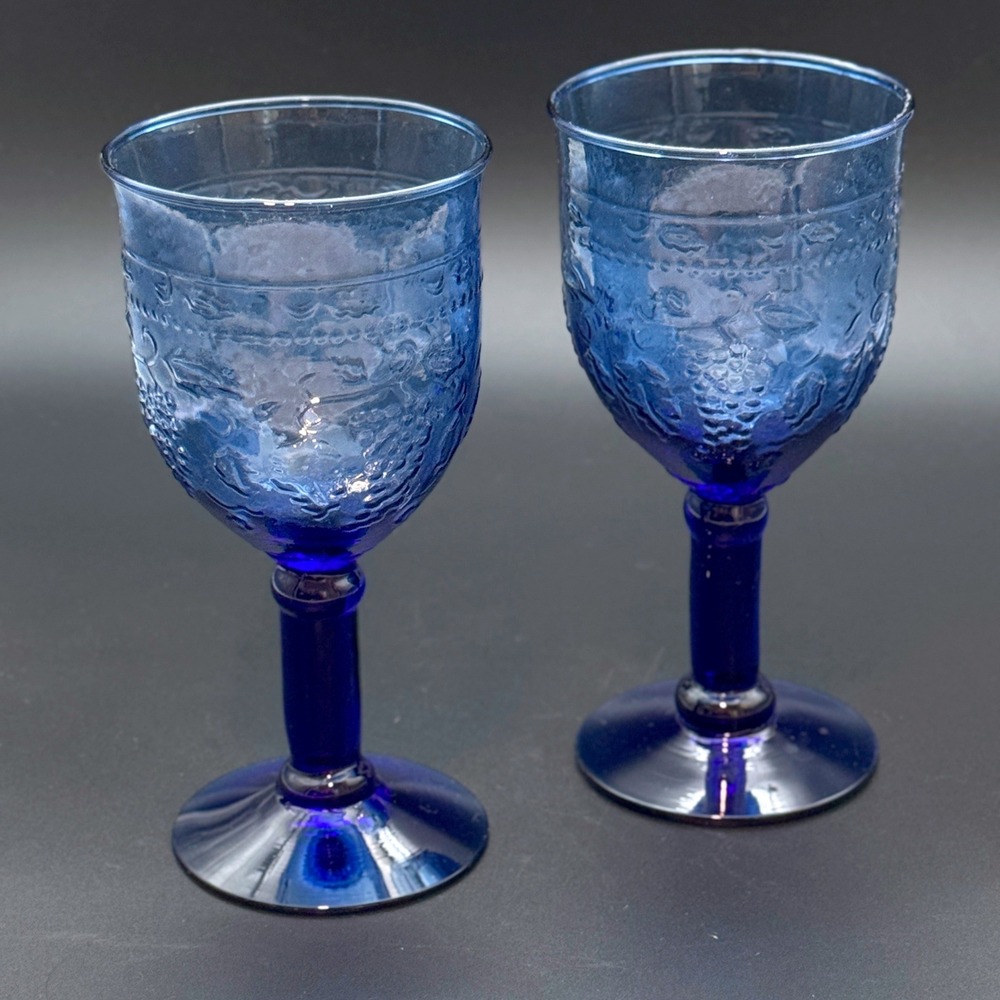 Vintage Grape Pattern Cobalt Blue Glass Goblets Set of 2 Wine Water Chalice 5.5"